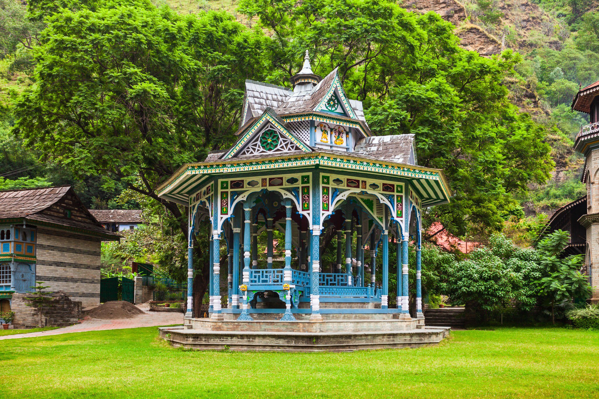 Facade of Padam Palace pavilion in Rampur Bushahr town, Himachal Pradesh state in India.