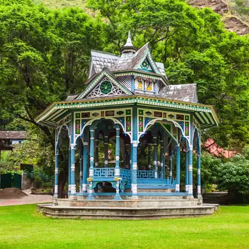Facade of Padam Palace pavilion in Rampur Bushahr town, Himachal Pradesh state in India.