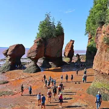BAY OF FUNDY NEW BRUNSWICK CANADA 08 15 2022: Park visitors explore the ocean  floor at low tide. Hopewell Rocks Park in Canada, located on the shores of the Bay of Fundy in the North Atlantic Ocean; Shutterstock ID 2197715175; full: 65050; gl: 65...