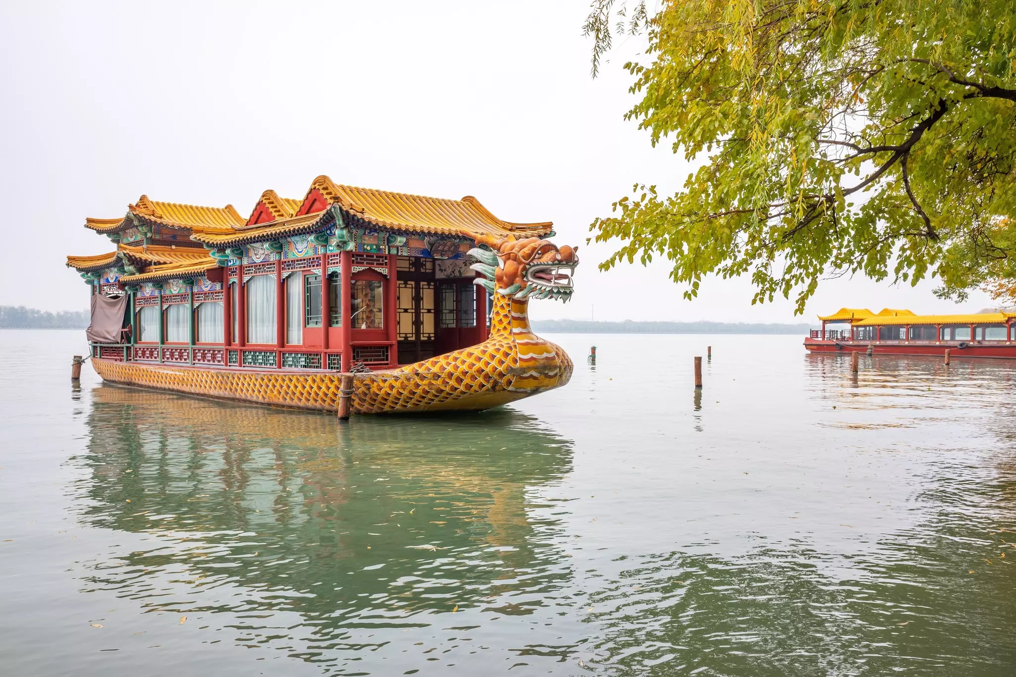 A dragon-shaped tourist boat on Kunming Lake at the Summer Palace in Beijing, China.