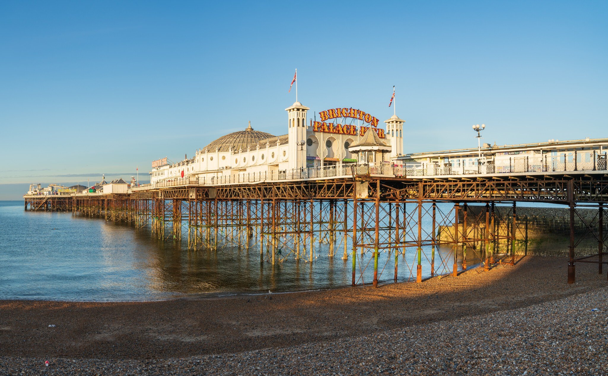 Brighton, England-May 10th,2024: Brighton's Palace pier at sunrise. Opened on 20th May 1899 and designed by R.St.George Moore, License Type: media, Download Time: 2026-04-14T15:34:13.000Z, User: FergalCo, Editorial: true, purchase_order: 56530 - Guidebooks, job: Global Publishing WIP, client: Best Road Trips France 5, other: Fergal Condon