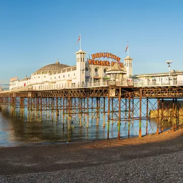 Brighton, England-May 10th,2024: Brighton's Palace pier at sunrise. Opened on 20th May 1899 and designed by R.St.George Moore, License Type: media, Download Time: 2026-04-14T15:34:13.000Z, User: FergalCo, Editorial: true, purchase_order: 56530 - Guidebooks, job: Global Publishing WIP, client: Best Road Trips France 5, other: Fergal Condon