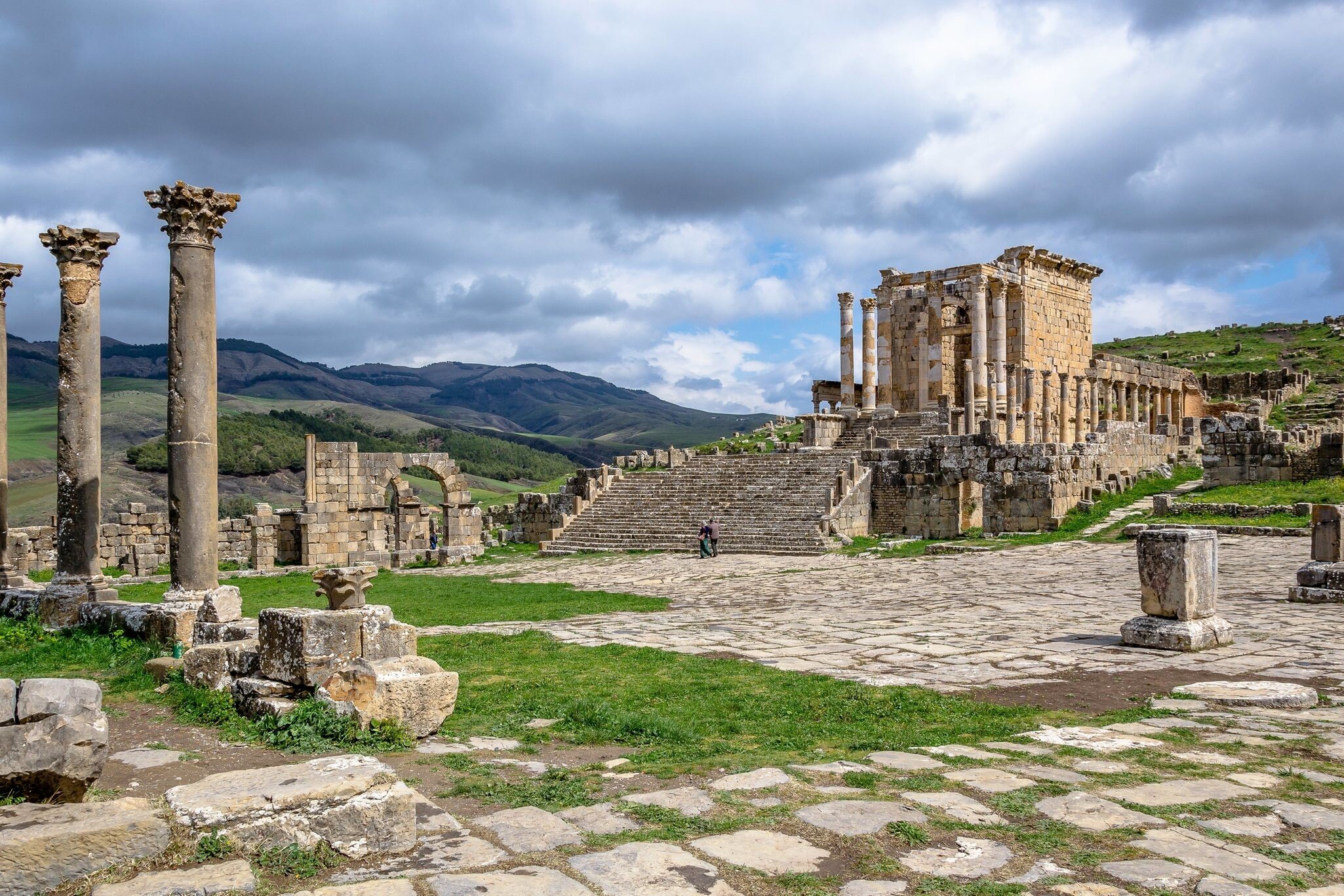 View of the Septimian Temple at the Djemila archeological site in Algeria, near the northern coast east of Algiers, where some of the best preserved Roman ruins in North Africa are found