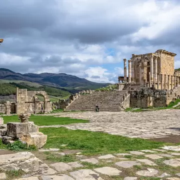 View of the Septimian Temple at the Djemila archeological site in Algeria, near the northern coast east of Algiers, where some of the best preserved Roman ruins in North Africa are found
