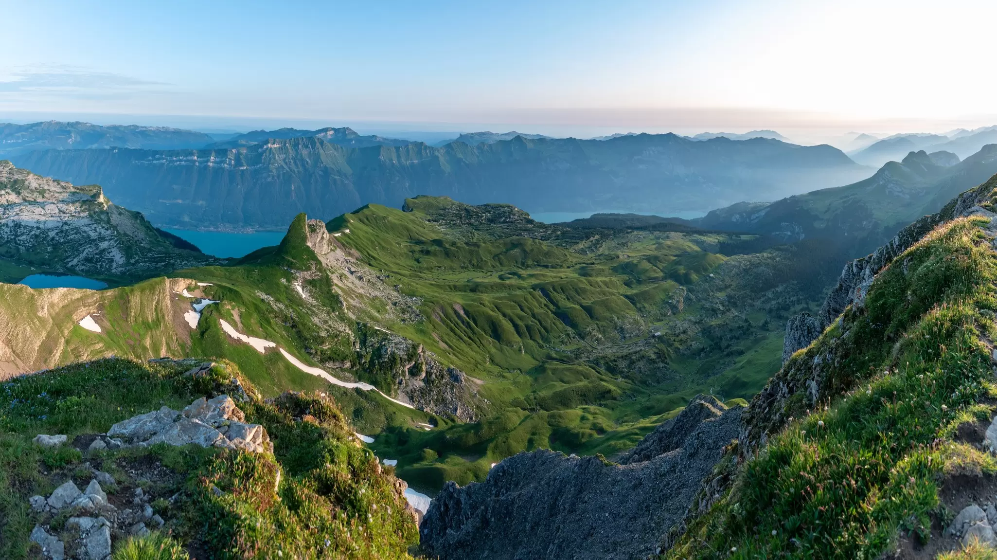 Lake Brienz and its valley in the Bernese Alps seen from Mount Faulhorn, Switzerland