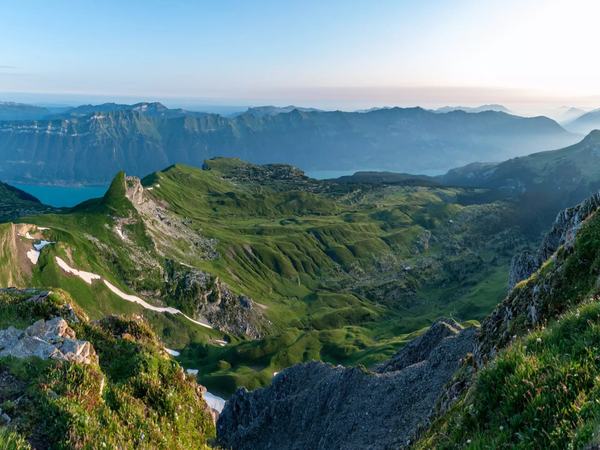 Lake Brienz and its valley in the Bernese Alps seen from Mount Faulhorn, Switzerland