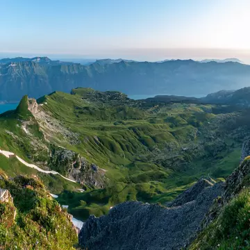 Lake Brienz and its valley in the Bernese Alps seen from Mount Faulhorn, Switzerland