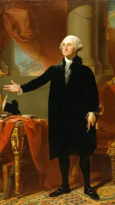 ilbert Stuart  "George Washington " (The Lansdowne Portrait), 1796   Oil on canvas, 96 x 60 inches (243.84 x 152.4 cm)   The Pennsylvania Academy of the Fine Arts, Bequest of William Bingham