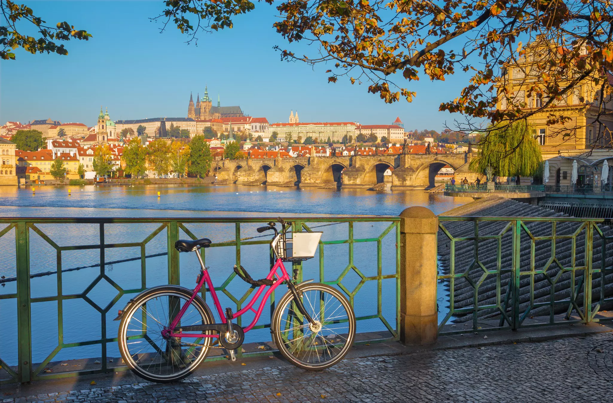 A pink bicycle leans against a railing by a river; a stone bridge crosses the river to a city, and a cathedral rises above the skyline.