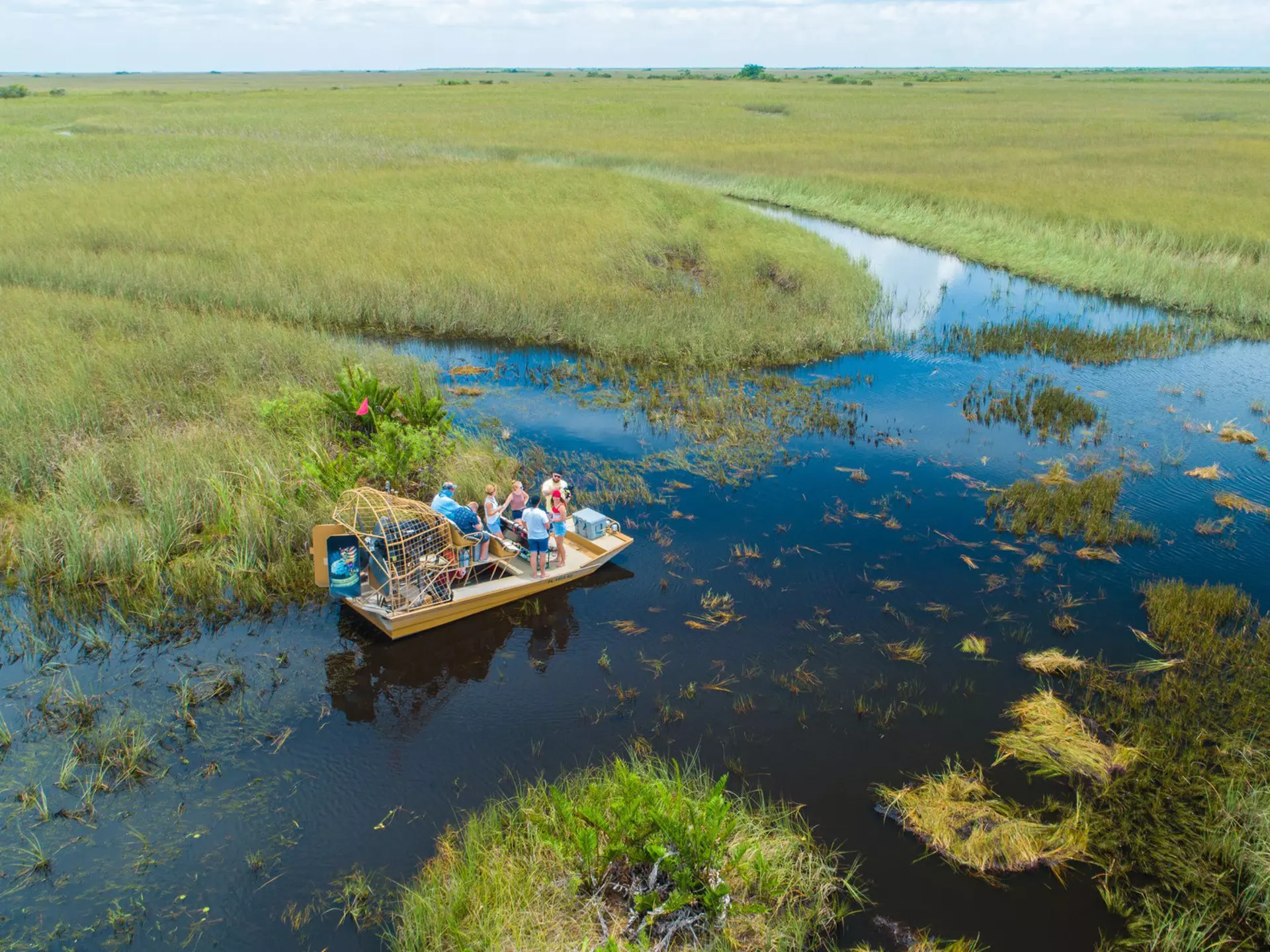 An aerial view of people on an airboat stopped in a wetland of grass and water inlets.