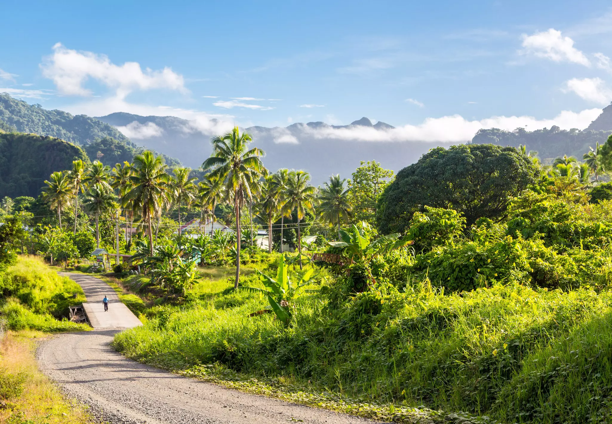 A road winds through a hilly tropical landscape with lush foliage and palm trees, and cloud-covered mountains above. A person walks along the dusty road.