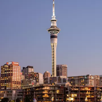 View of the Sky Tower and waterfront in Auckland, New Zealand, at night.