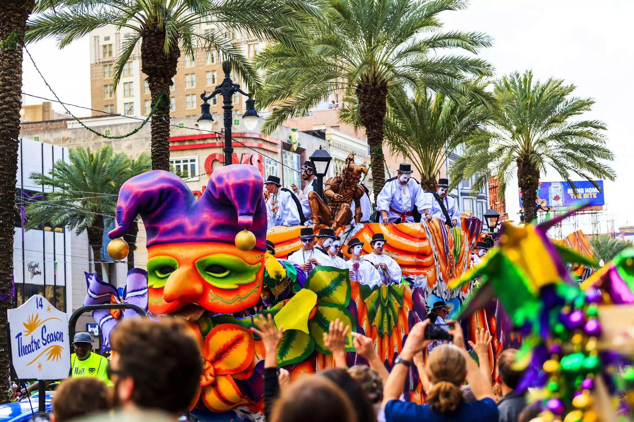 A colorful float of a jester at the Mardi Gras parade in New Orleans.