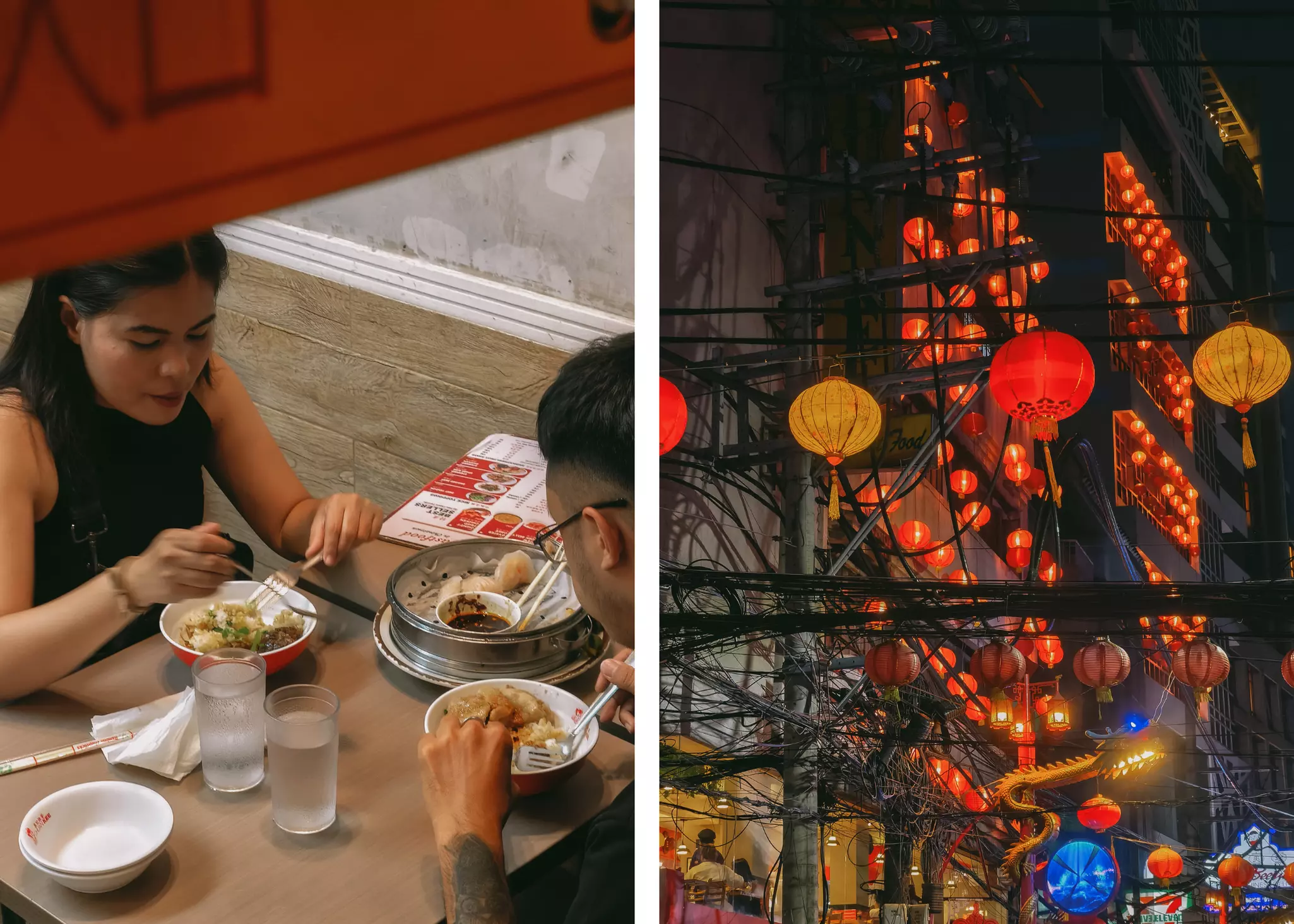 Tecno Partnerships V1
Left, a meal at a restaurant in Binondo. Right, the lights of Manila's Chinatown at night. 
Jilson Tiu for Lonely Planet (2)