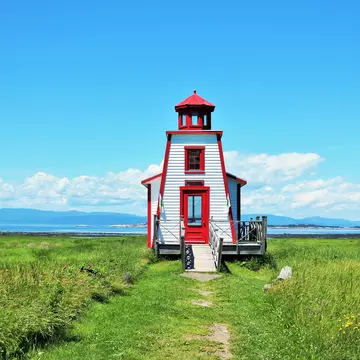 White and red lighthouse in a field 