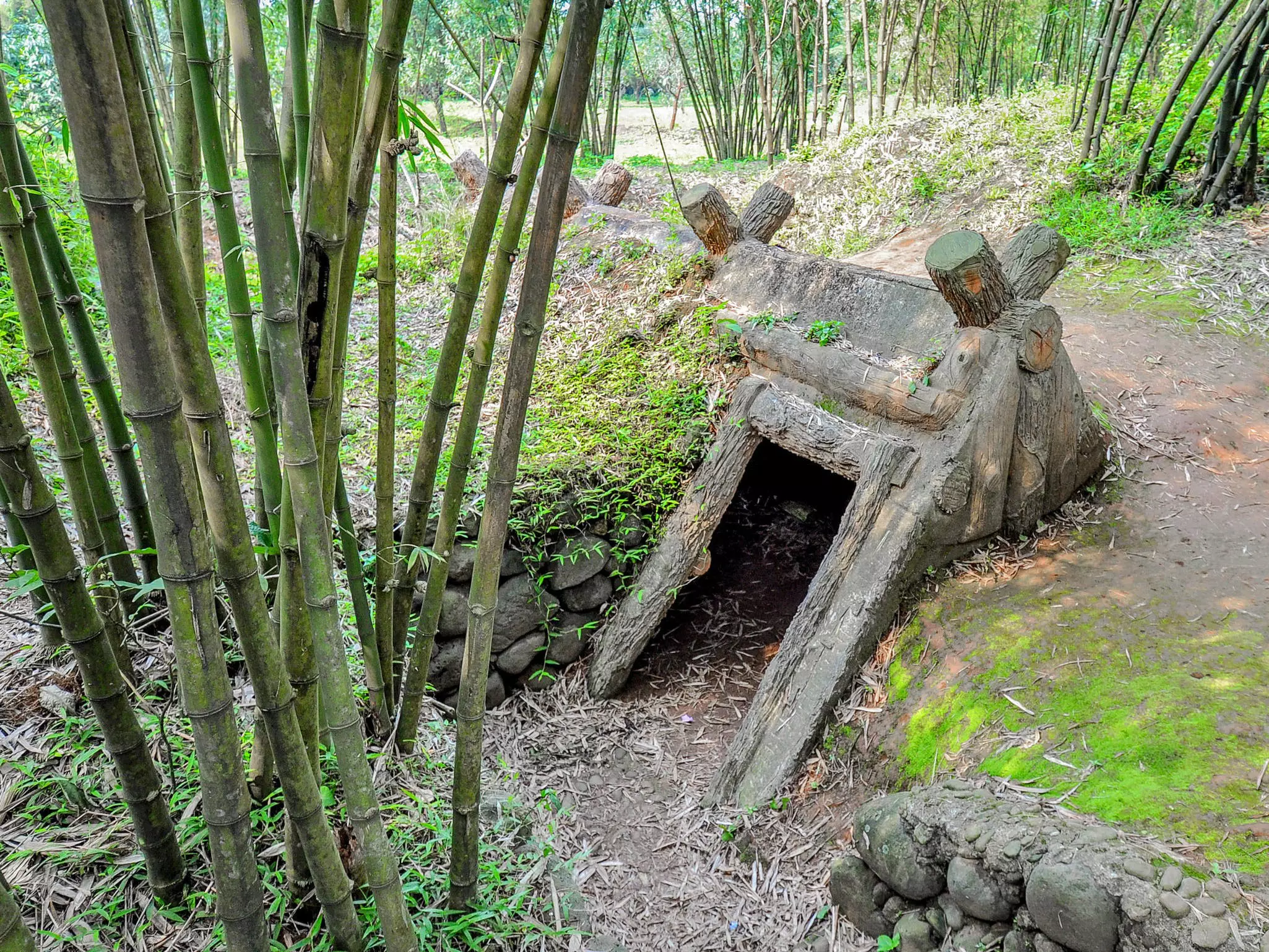 A small doorway into the ground leading to a network of tunnels in a rural area.