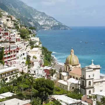 View of Positano with Chiesa di Santa Maria Assunta Church, Positano, Salerno, Amalfi Coast, Campania, Italy - stock photo
