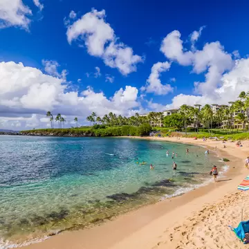 Kapalua beach bay, Maui, Hawaiian Islands - Aug 2019: Quiet, elegant, picturesque, Kapalua boasts beautiful seabed and ideal atmosphere for family vacation