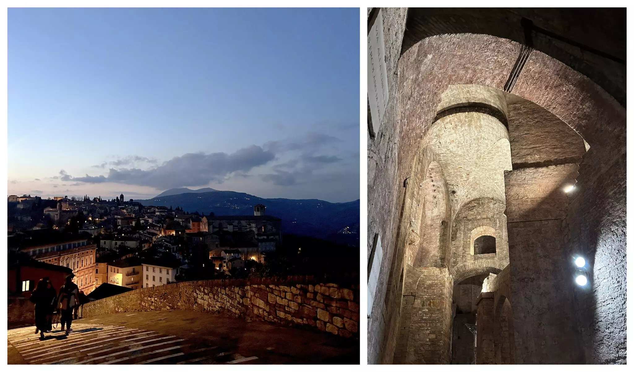 Left: Savoring the last minutes of daylight from Porta Sole in Perugia; Right: A tour of Perugia's underground fortress is a must © Ann Douglas Lott