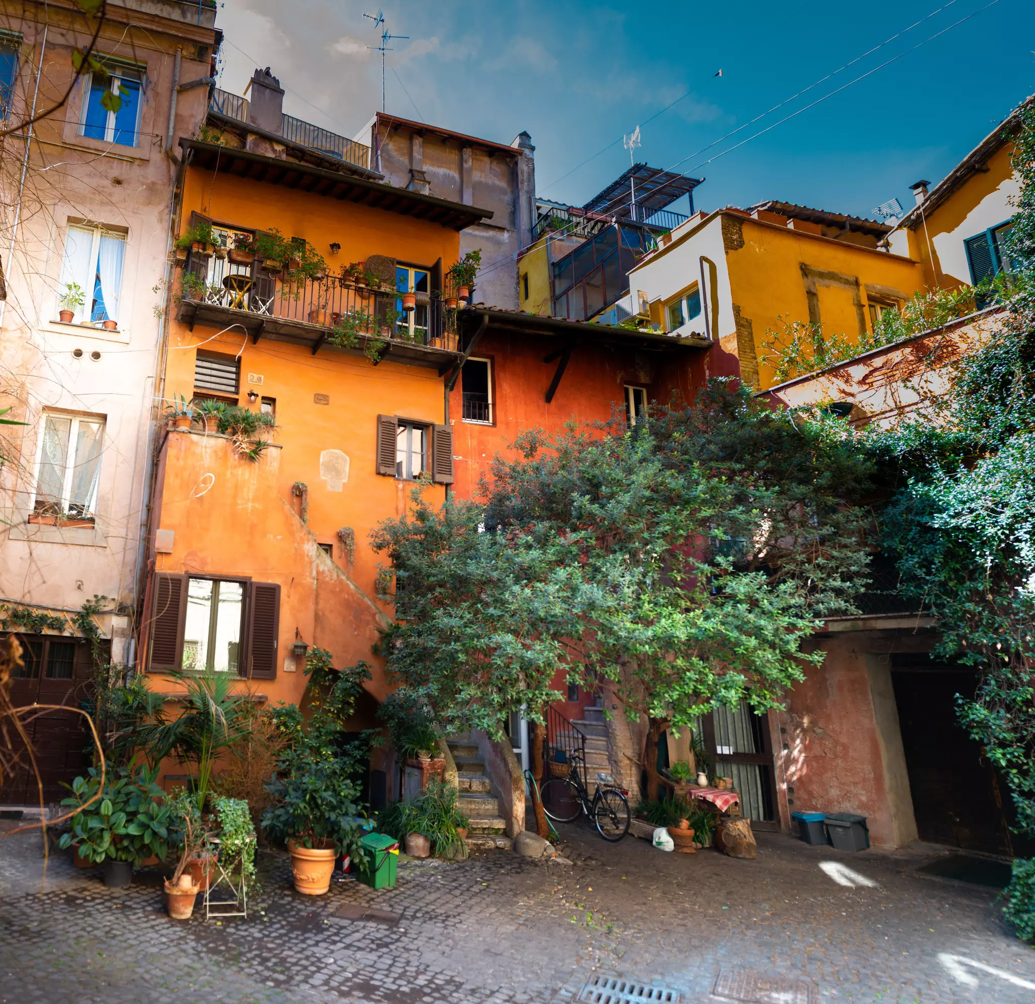 Small courtyard in Rome , with rustic ocher houses and vine trees.