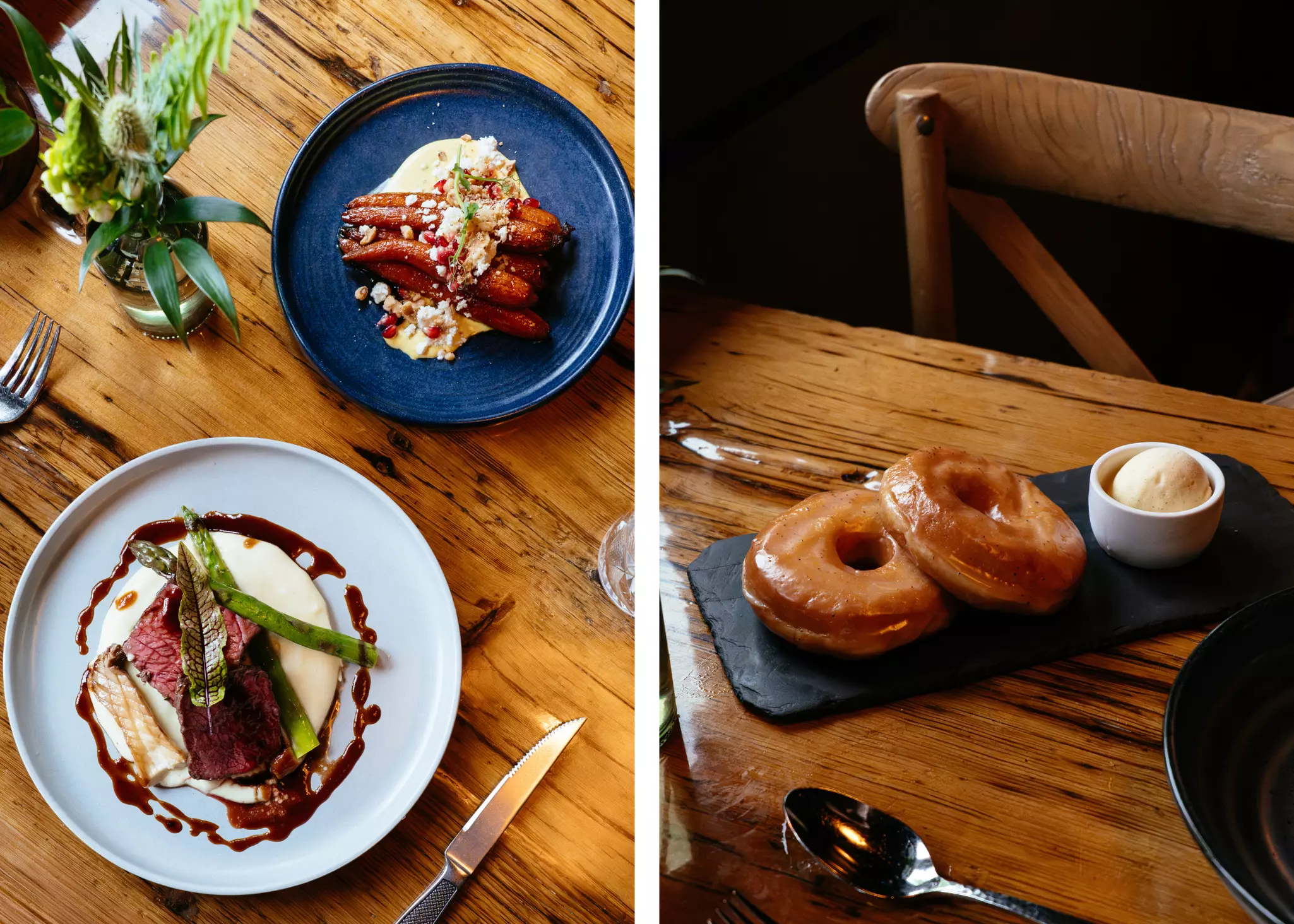 Left: New York strip with potato puree and roasted carrots. Right: Sassafras and sarsaparilla glazed doughnuts. Katelyn Perry/Lonely Planet