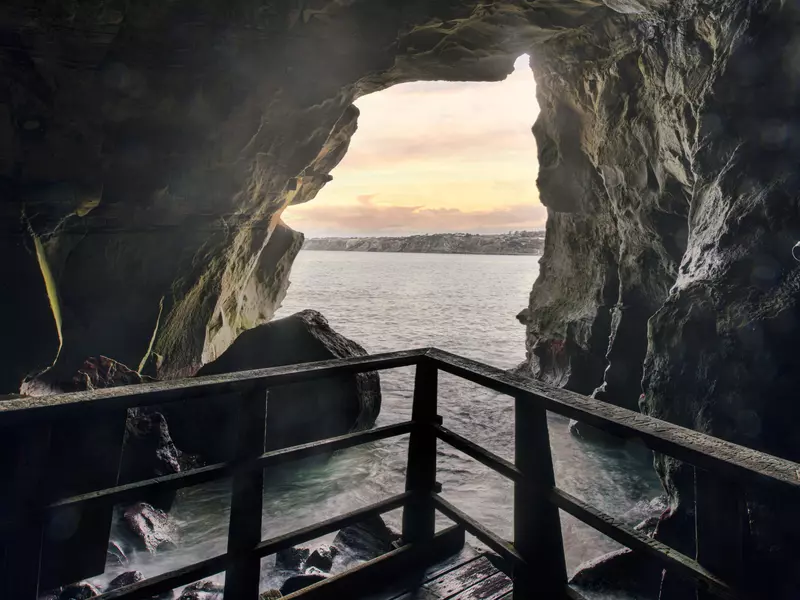 Sunset from the opening in a sea cave.