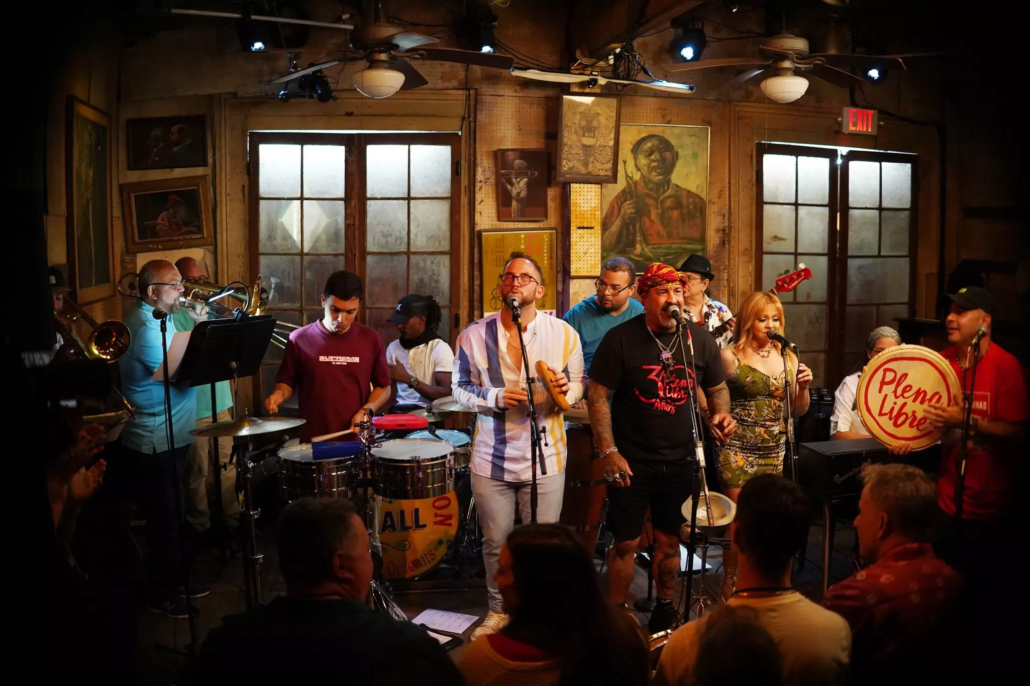 View of the Afro-Puerto Rican band 'Plena Libre' performing at the legendary Preservation Hall in New Orleans, Louisiana.
