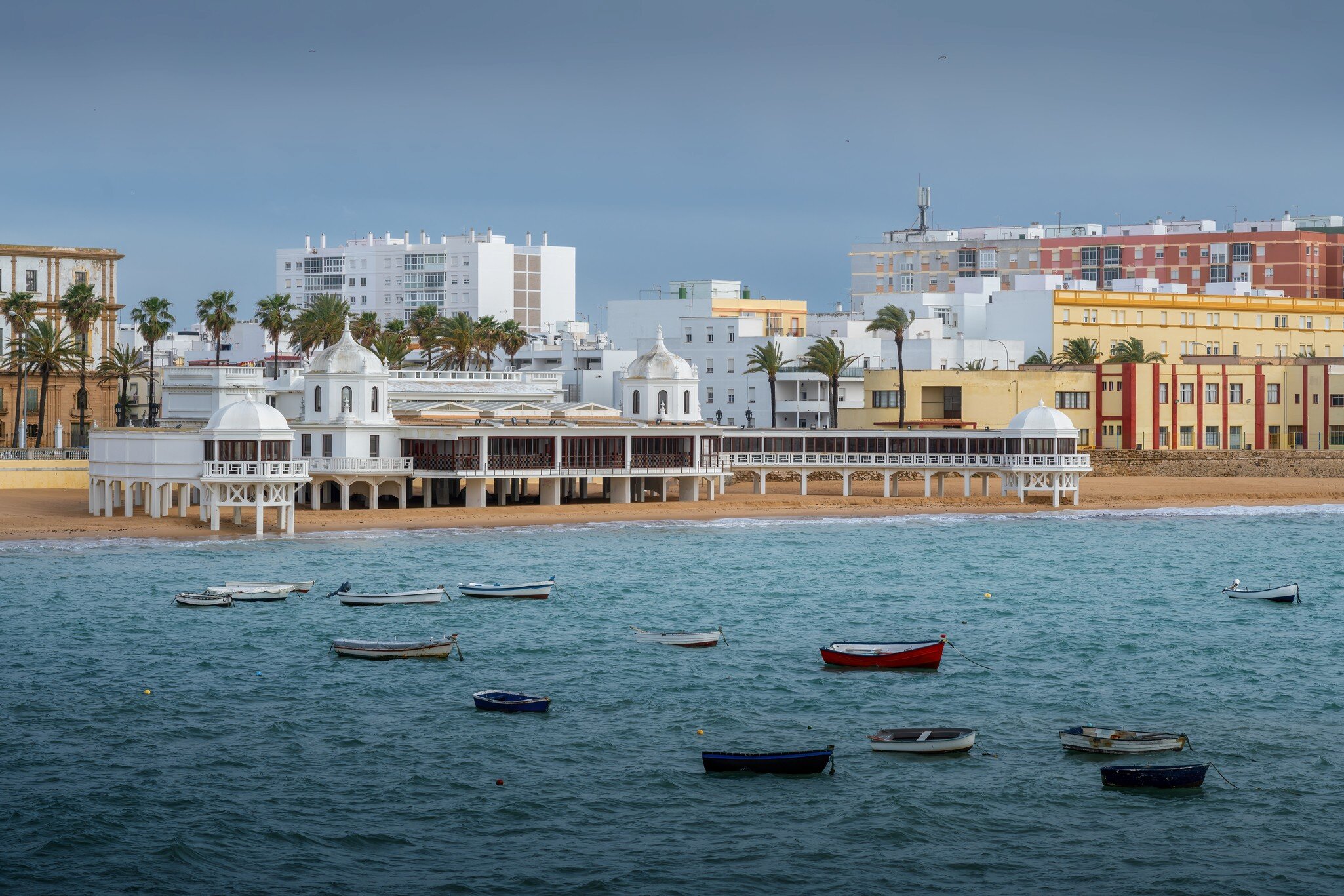 La Caleta Beach and Balneario de la Palma Building - Cadiz, Andalusia, Spain.