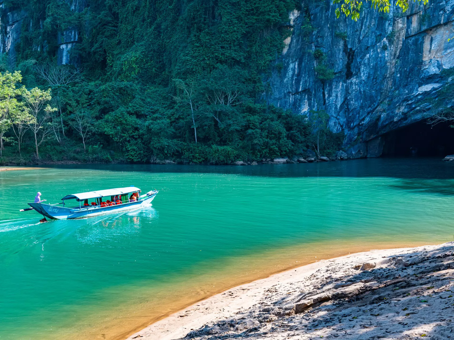 A boat heading into Phong Nha Cave in Phong Nha-Ke Bang National Park, Vietnam. Westend61/Getty Images