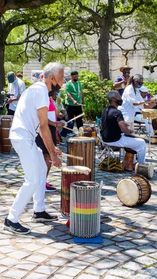 Musicians play in a park.