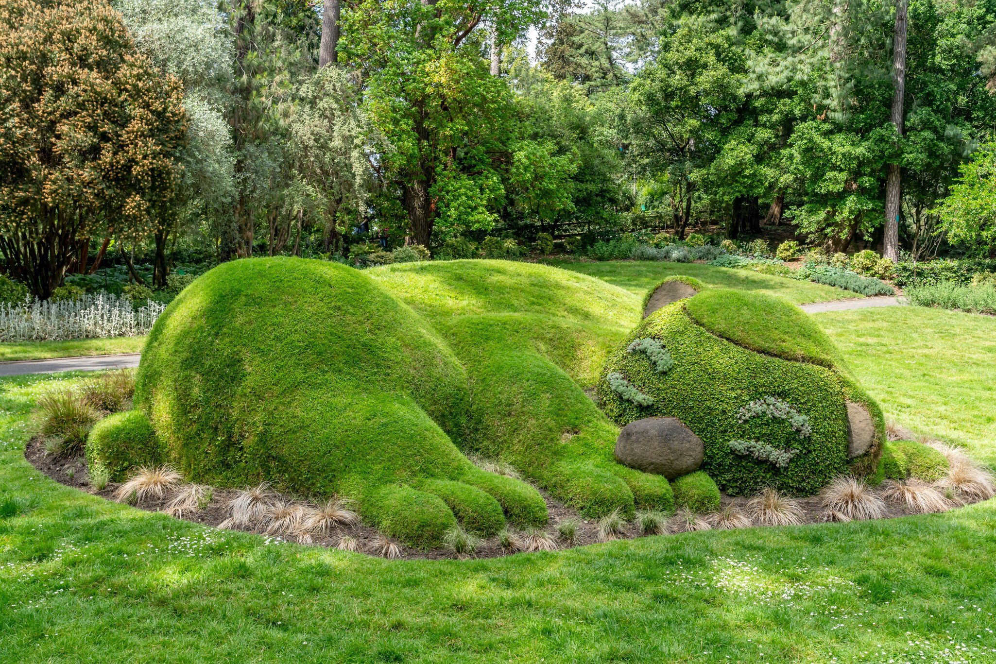 The botanical garden. Detail view of the Dormanron plant sculpture in the park. Nantes, France.