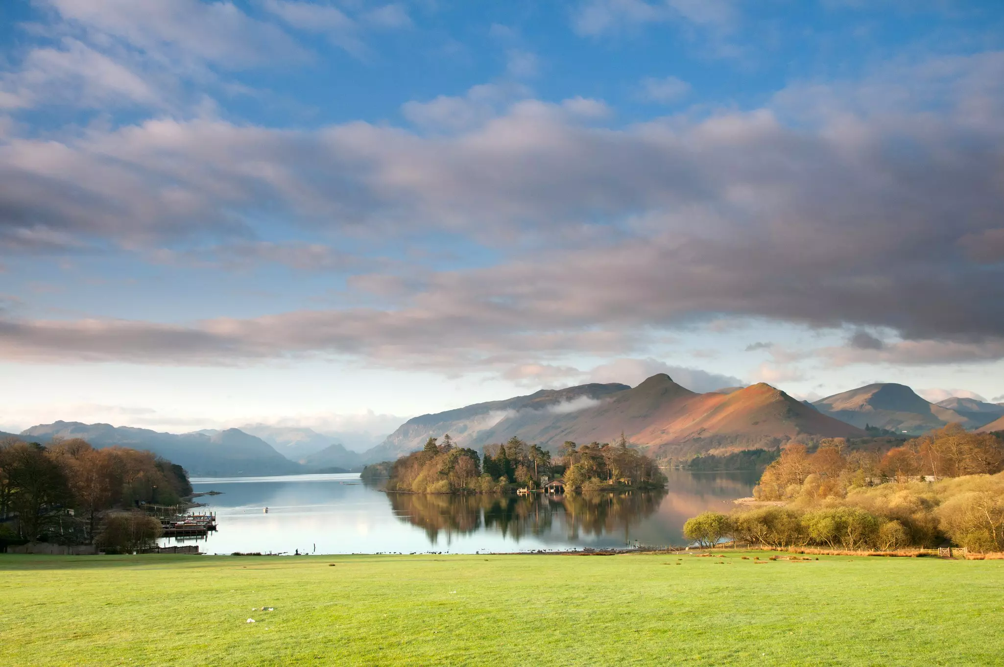 Derwent Waterand and Skiddaw mountain in background, Lake District National Park, Cumbria, England.