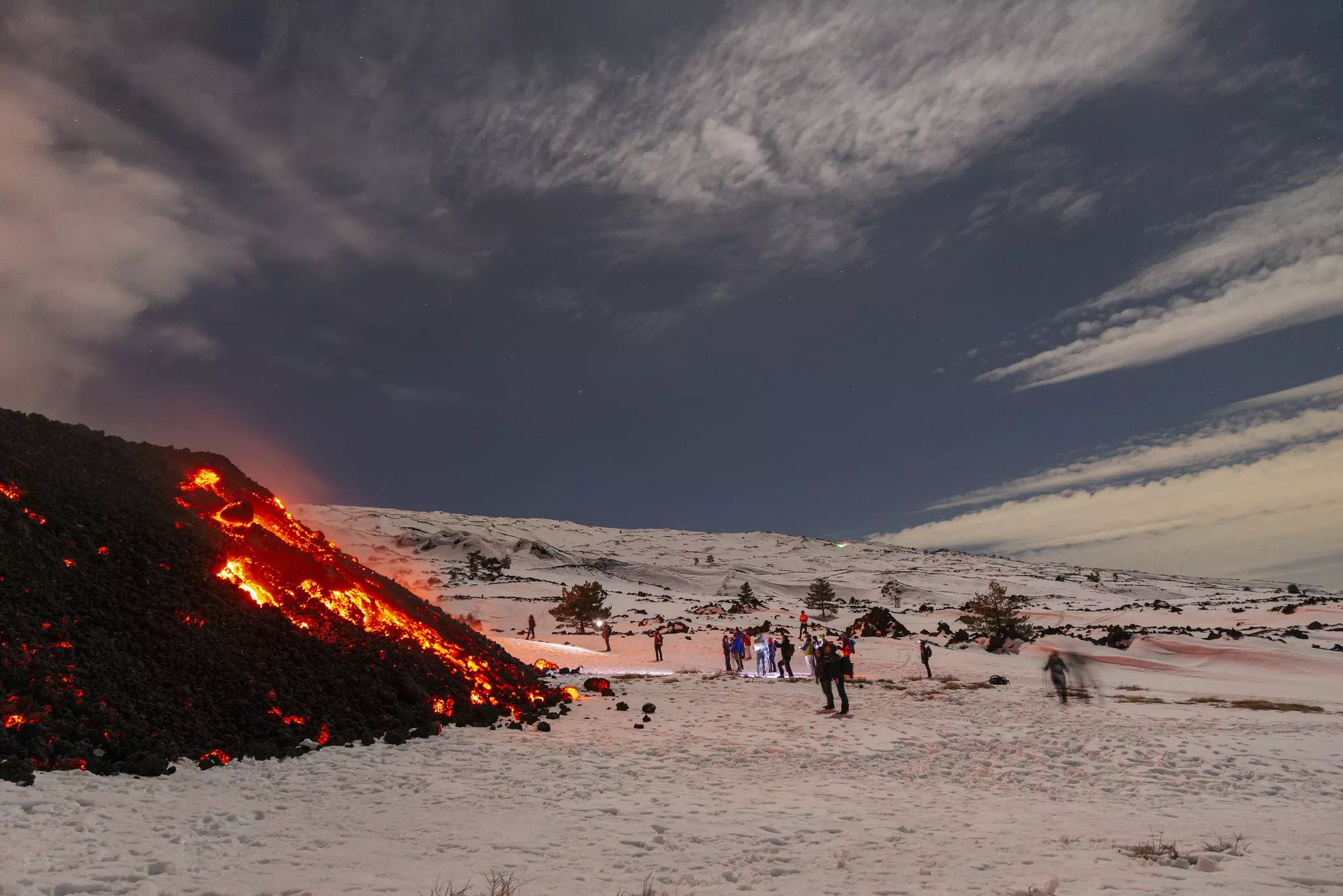 A view of Mount Etna producing a new eruption on February 14, 2025