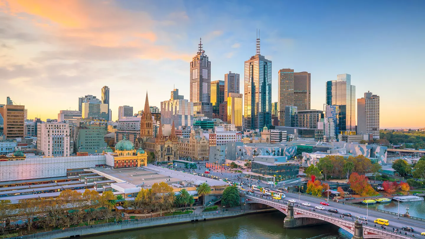 Aerial view of Melbourne city skyline at twilight.