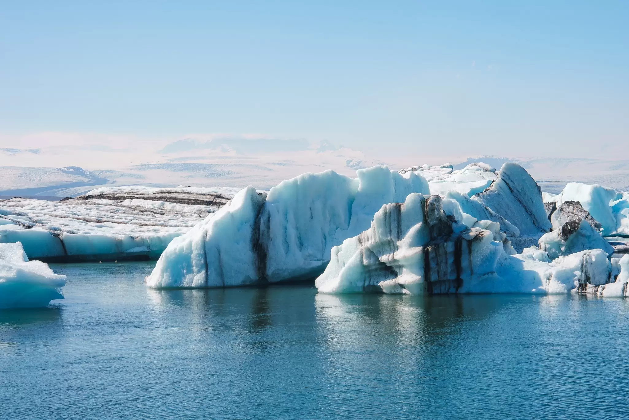 View of the Jökulsárlón Glacier Lagoon on a sunny day in Iceland.