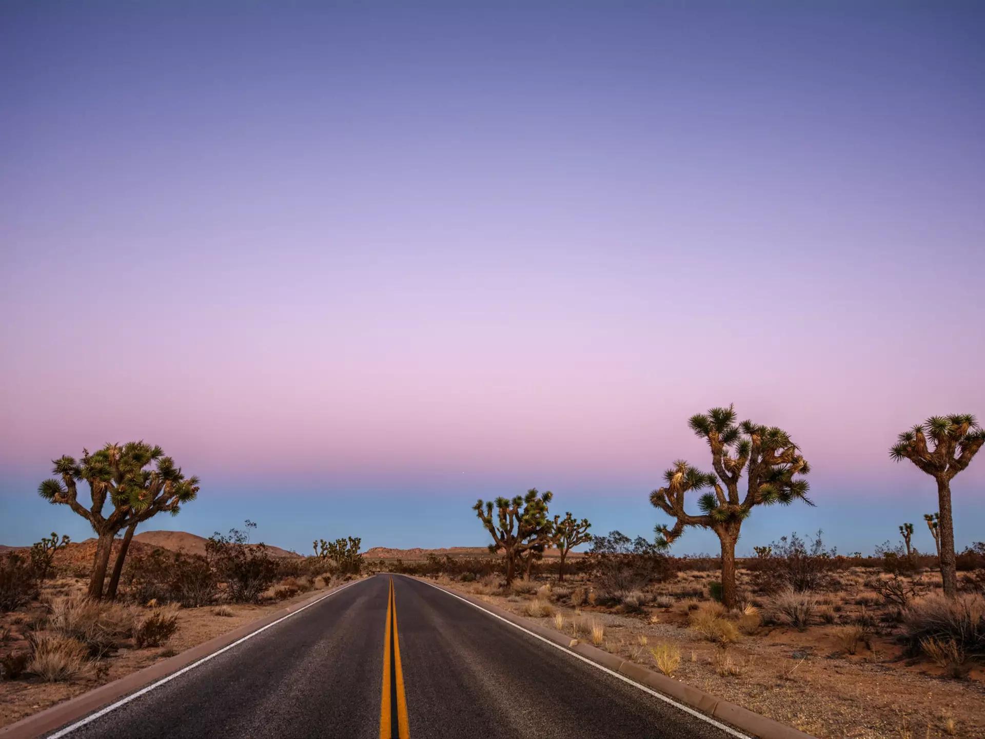 A freshly paved road at dusk running right through a desert landscape