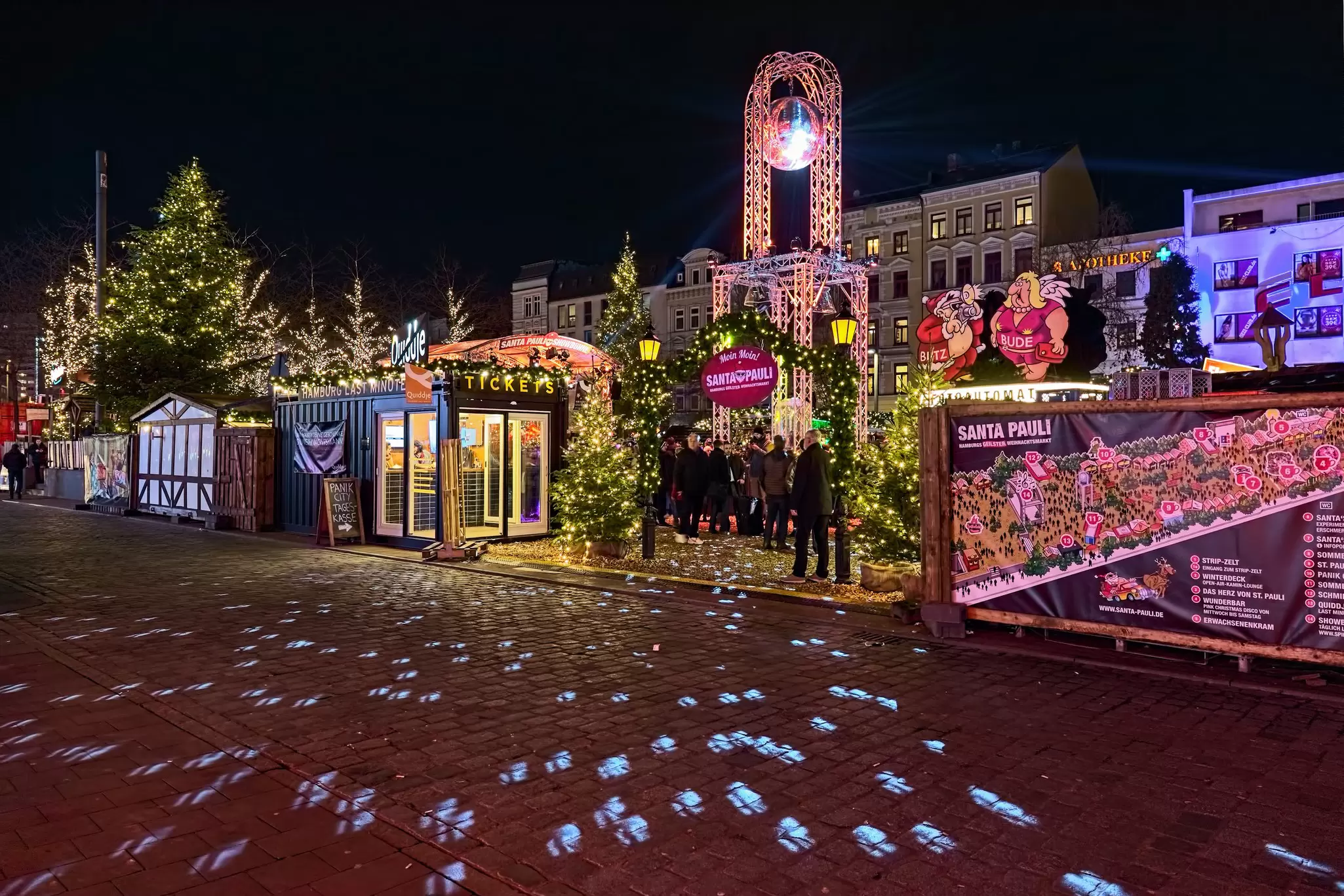 One of the entrances to Santa Pauli Christmas market at Spielbudenplatz square on Reeperbahn street in Hamburg’s red-light district.