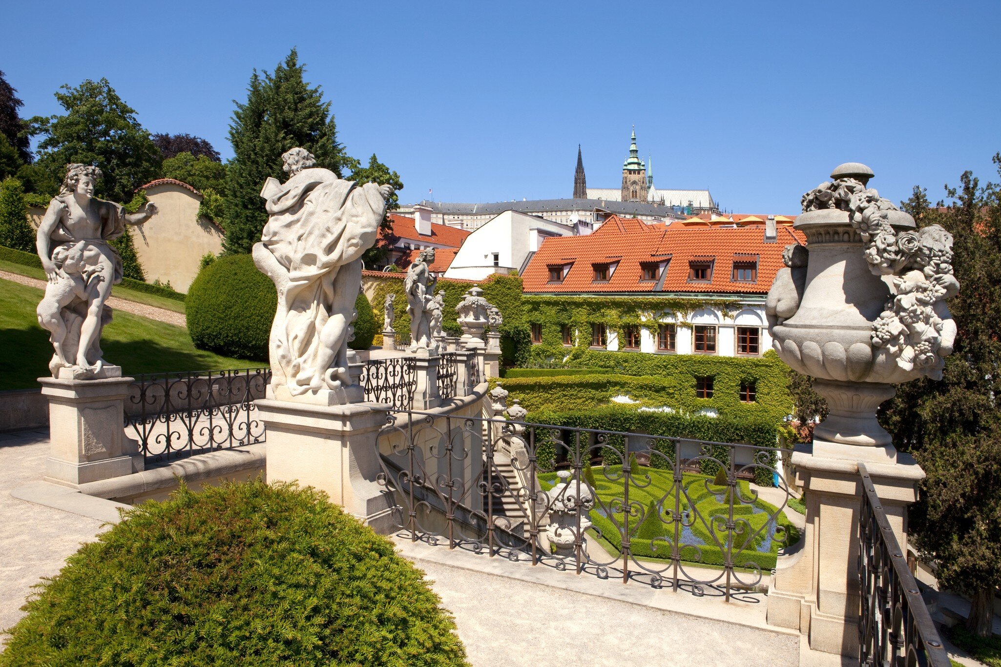  18th century vrtba garden (vrtbovska zahrada) and hradcany castle in Prague, Czechia.
