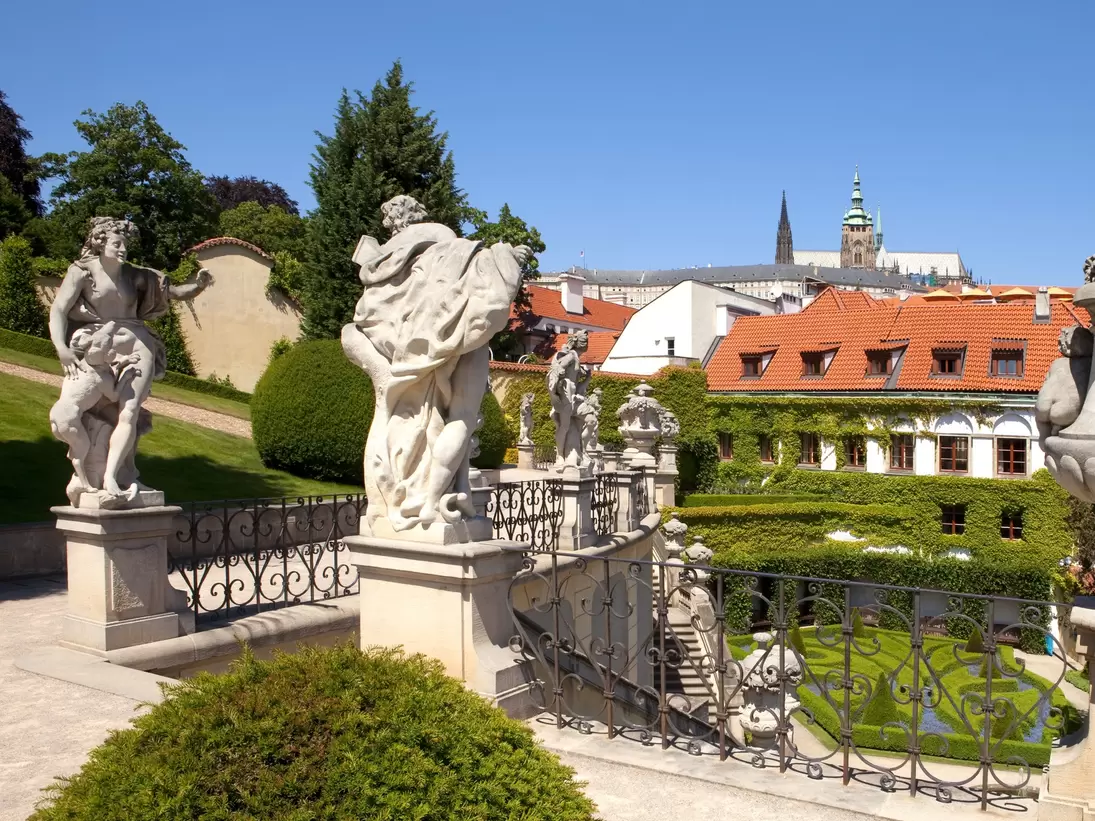  18th century vrtba garden (vrtbovska zahrada) and hradcany castle in Prague, Czechia.