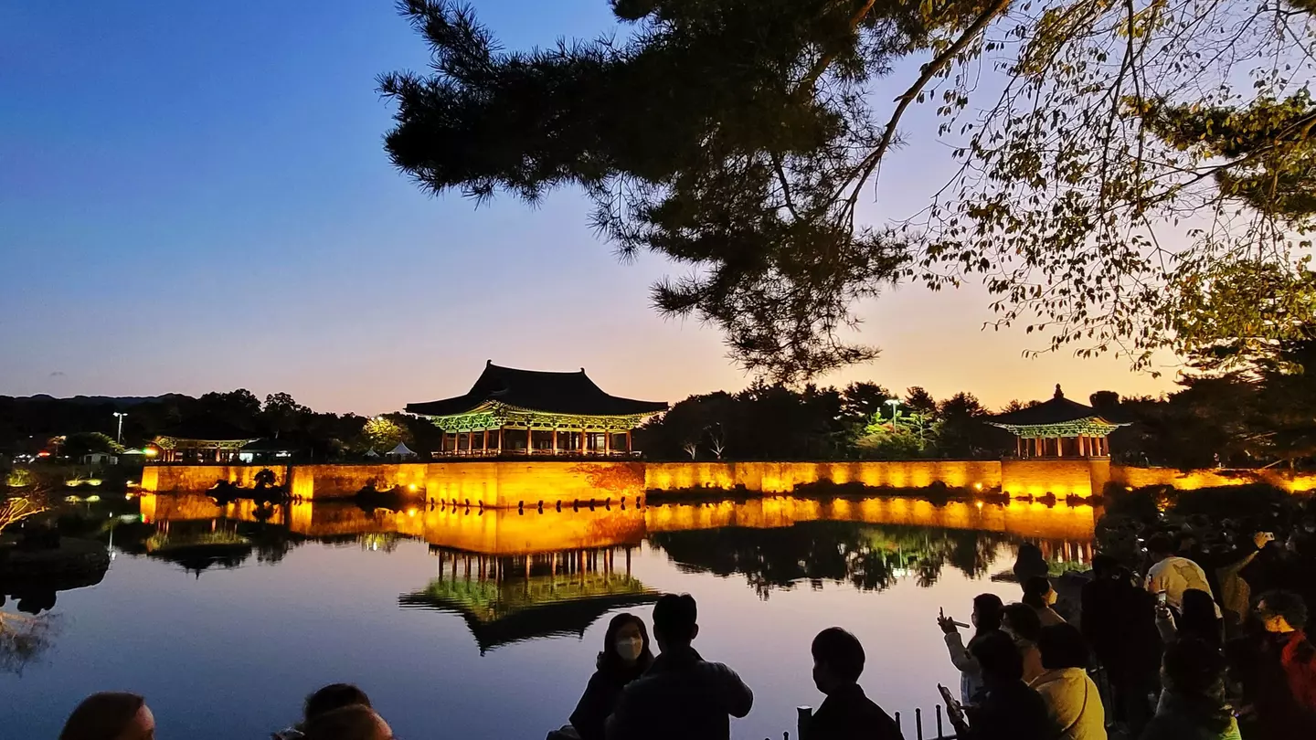 Donggung Palace reflected in Wolji Pond at dusk