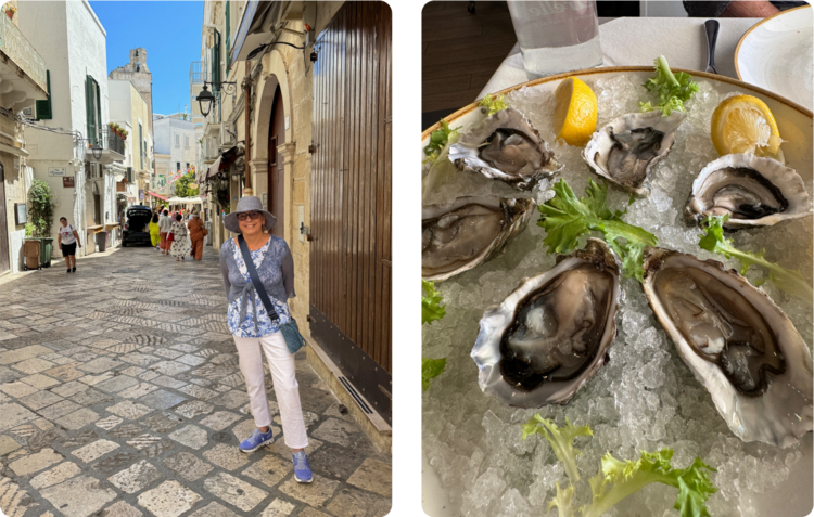 eft: Brekke's Mom in Monopoli; Right: Oysters at Locanda sul Porto