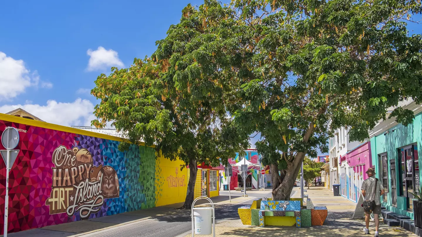 A small street lined with brightly colored wall paintings.