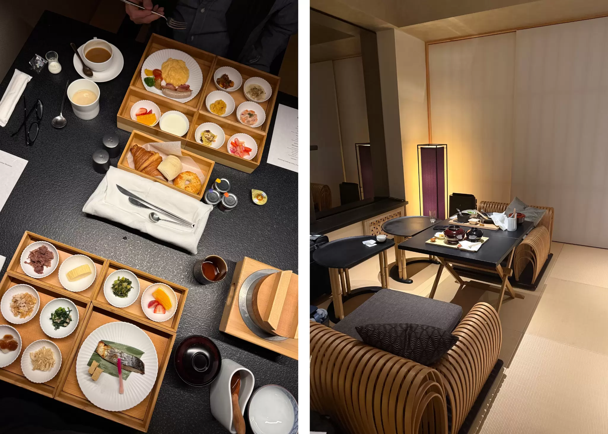 Left: wooden trays full of Japanese and Western breakfast foods. Right: two seats either side of a small folding table with a tea service on it.