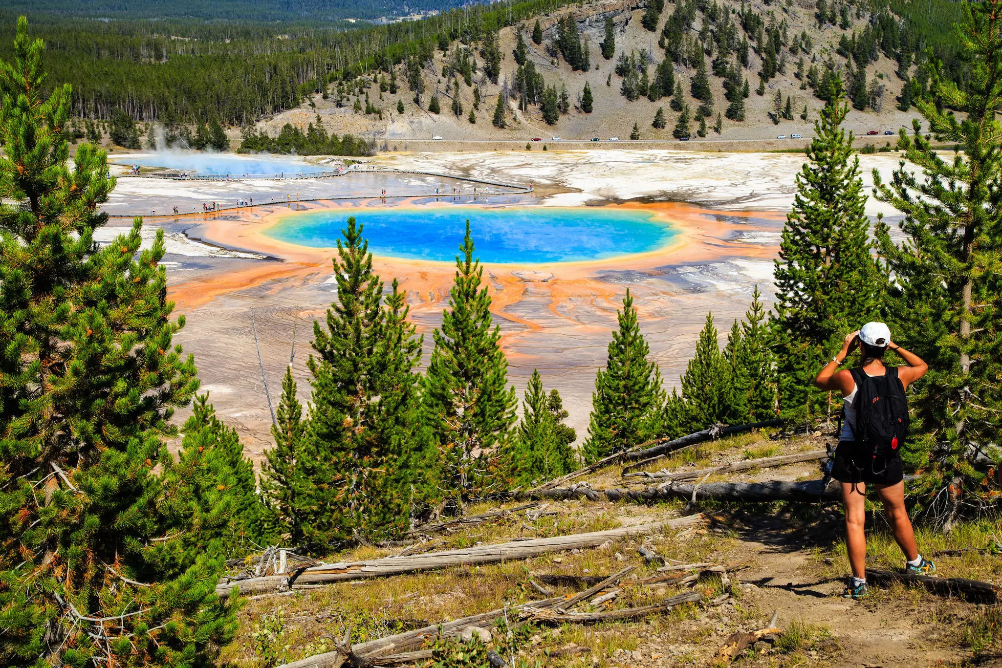 A hiker looking down on Yellowstone National Park's Grand Prismatic Spring in Yellowstone National Park, the largest hot spring in the United States, and the third largest in the world. .