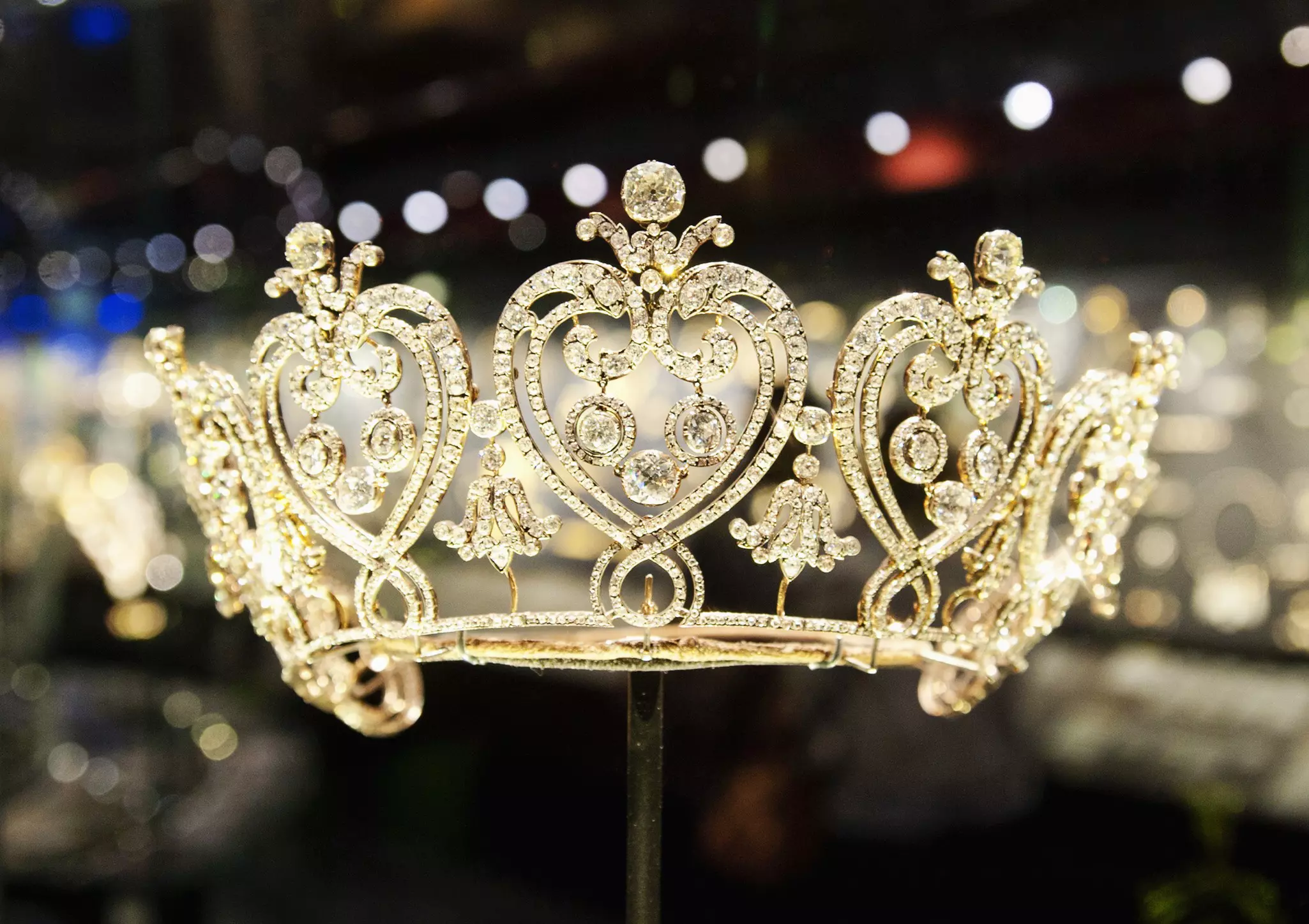 A jeweled tiara at the Victoria and Albert Museum in The Royal Borough of Kensington and Chelsea, London, England.