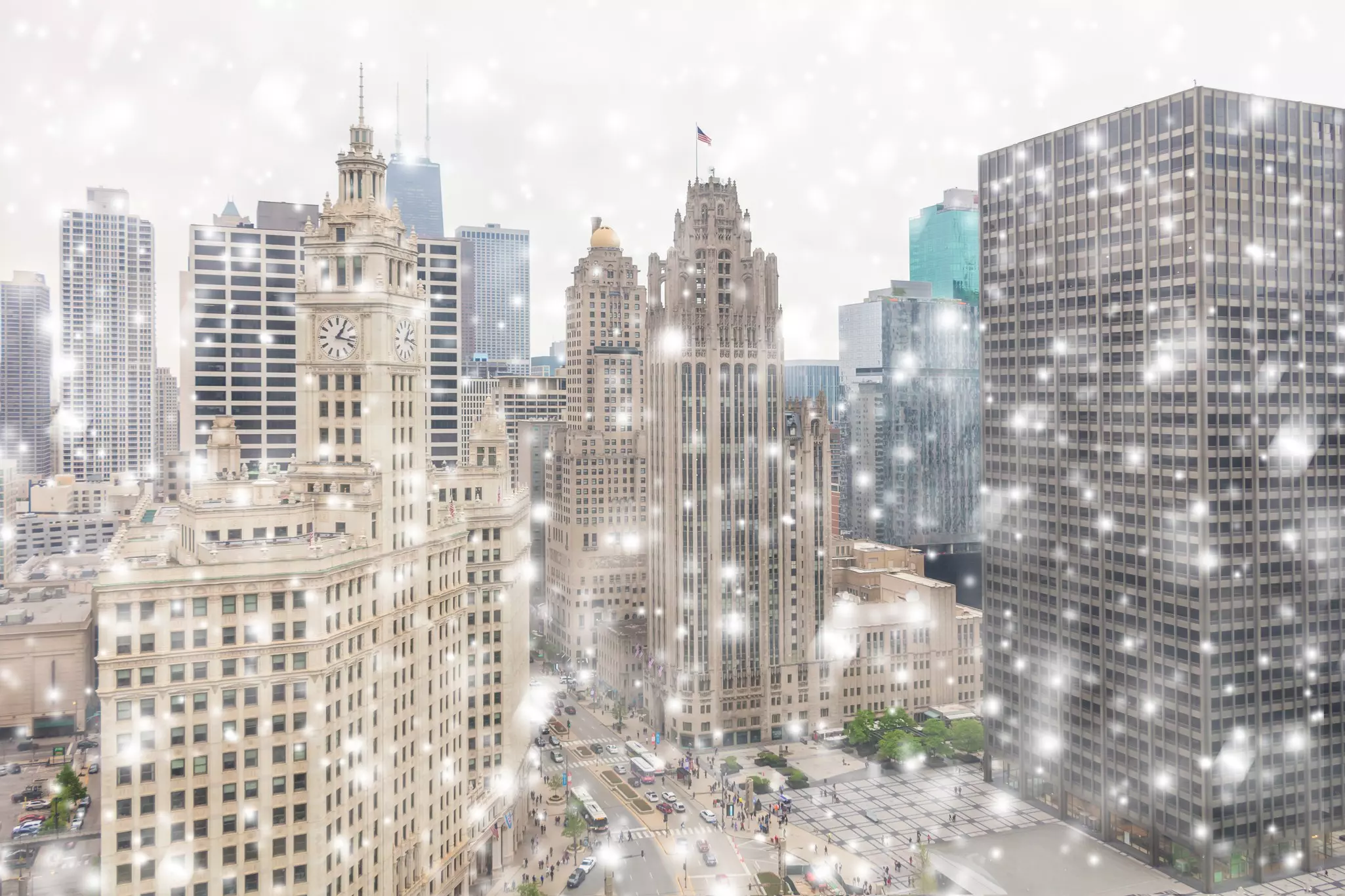 View on the Chicago downtown and skyscrapers in the winter snowfall, Illinois, USA
