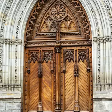 View of the wooden door of the Catedral de Santiago in Bilbao, Spain.