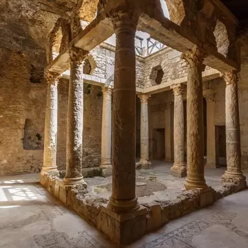 Columns ring a sunlit sunken courtyard, with mosaic floors in the vaulted galleries around it.