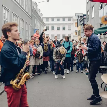 Jazz band playing to the crowd of people on a street at the day of "Culture Night" of Reykjavík  