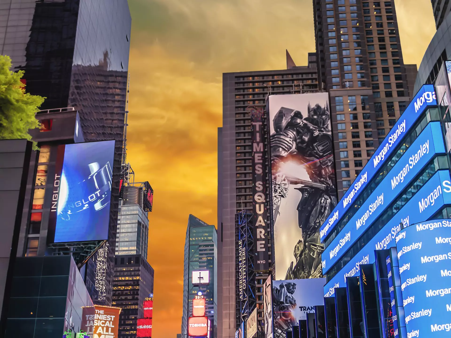 Advertisements in Times Square at sunset